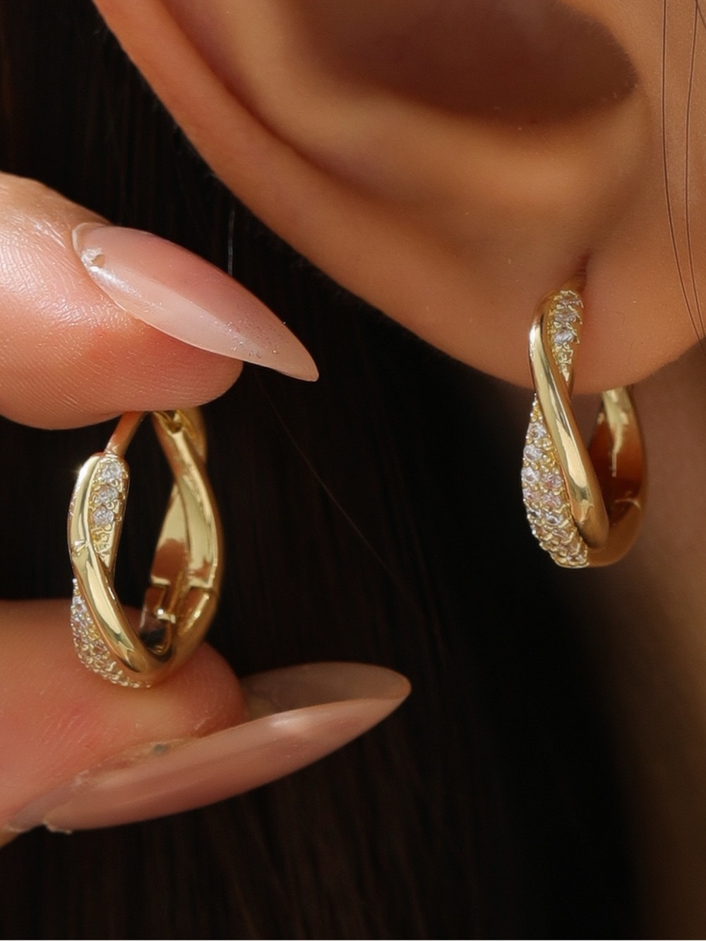 Gold Twisted Hoop Earrings Eoth Pavé Crystals.